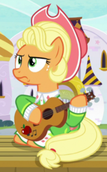 Size: 362x579 | Tagged: safe, screencap, applejack, earth pony, pony, g4, sparkle's seven, apple chord, cropped, female, freckles, guitar, mare, musical instrument, sitting, solo