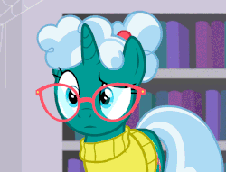 Size: 1383x1058 | Tagged: safe, screencap, bellflower blurb, pony, unicorn, the point of no return, animated, clothes, confused, cute, female, gif, glasses, head tilt, librarian, mare, solo, sweater