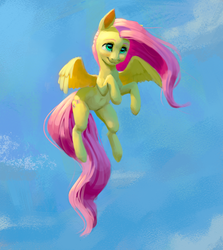 Size: 1093x1228 | Tagged: artist needed, source needed, safe, fluttershy, pegasus, pony, g4, belly button, blushing, cloud, cute, female, flying, looking up, mare, shyabetes, sky, smiling, solo, spread wings, windswept mane, wings
