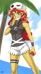 Size: 1000x1775 | Tagged: safe, artist:johnjoseco, color edit, colorist:lanceomikron, edit, sunset shimmer, equestria girls, g4, clothes, colored, costume, crossover, female, halloween, halloween costume, holiday, pokémon, pokémon sun and moon, team skull, team skull grunt