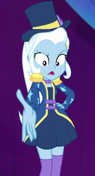 Size: 583x1080 | Tagged: safe, screencap, trixie, equestria girls, equestria girls series, g4, spring breakdown, spoiler:eqg series (season 2), clothes, cropped, dress, epaulettes, female, hat, open mouth, skirt, socks, solo, talking, thigh highs, top hat, zettai ryouiki