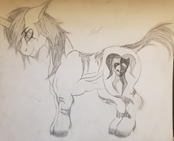 Size: 3413x2765 | Tagged: safe, artist:teardrop, oc, oc only, oc:issac negrioxis, pony, unicorn, cut, high res, male, markings, monochrome, muscles, short tail, solo, stallion, tattoo, traditional art
