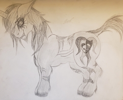 Size: 3246x2655 | Tagged: safe, alternate version, artist:teardrop, oc, oc only, oc:issac negrioxis, pony, unicorn, corrupted, cut, high res, male, markings, monochrome, short tail, solo, stallion, tattoo, traditional art