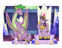 Size: 2000x1570 | Tagged: safe, artist:inuhoshi-to-darkpen, spike, twilight sparkle, alicorn, dragon, pony, g4, cute, female, mare, older, older spike, smiling, spikabetes, throne, too big, twiabetes, twilight sparkle (alicorn), winged spike, wings