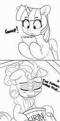 Size: 1320x2640 | Tagged: safe, artist:pabbley, autumn blaze, twilight sparkle, alicorn, kirin, pony, g4, sounds of silence, cloven hooves, comic, dialogue, eyes closed, female, floppy ears, gasp, implied pissing, kirin beer, kirin beer is pee, mare, monochrome, open mouth, partial color, peegasm, photo, smiling, twilight sparkle (alicorn)