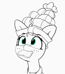Size: 1618x1826 | Tagged: safe, artist:pabbley, meadowbrook, earth pony, pony, g4, bread, bust, cute, female, food, looking up, mare, meadowcute, monochrome, mouth hold, partial color, simple background, smiling, solo, toast, white background