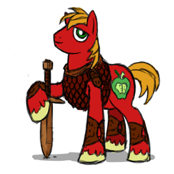 Size: 500x500 | Tagged: safe, artist:wisdom-thumbs, big macintosh, earth pony, pony, g4, clothes, colored hooves, cutie mark, hooves, male, simple background, stallion, sword, weapon, white background
