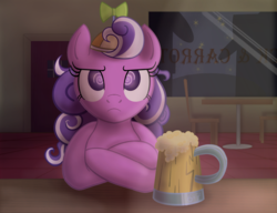 Size: 1300x1000 | Tagged: safe, artist:sixes&sevens, screwball, pony, g4, bar, chair, cider, female, hat, hooves, mug, night, propeller hat, solo, stars, table, tankard