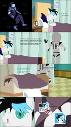 Size: 2934x5251 | Tagged: safe, artist:wheatley r.h., oc, oc only, oc:sturdy diablo, bat pony, human, comic:sturdy oddity, astronaut, bat pony oc, bat wings, bed, blood, cosmonaut, crack, curtains, ear tufts, eyes closed, eyes in the dark, female, flask, floor, green eyes, hair, hand, hospital bed, humanized, intravenous, killer7, mare, medicine, mercury (element), nosebleed, photography, pillow, room, scared, scary, shocked, shocked expression, shrunken pupils, spacesuit, sweat, tail, translated in the description, two toned mane, two toned tail, under the covers, vector, watermark, wings