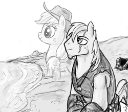 Size: 800x700 | Tagged: safe, artist:wisdom-thumbs, applejack, big macintosh, earth pony, pony, g4, beard, clothes, colored hooves, cowboy hat, cutie mark, facial hair, grayscale, hat, hooves, male, monochrome, scar, simple background, stallion, water, white background