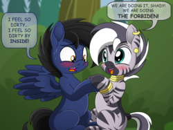 Size: 4000x3000 | Tagged: safe, artist:pananovich, oc, oc only, oc:romél, oc:shadowmoon, pegasus, pony, zebra, blushing, colt, cute, duo, duo male, ear piercing, feathered wings, female, filly, holding hooves, jewelry, lewd, male, misspelling, nervous, ocbetes, open mouth, piercing, shadowmél, sitting, smiling, speech bubble, spread wings, sweat, wavy mouth, wings, zebra oc