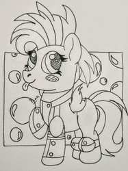 Size: 1610x2158 | Tagged: safe, artist:ponkus, oc, oc only, oc:void flight, pegasus, pony, fallout equestria, armor, birth defect, cute, female, filly, simple background, solo, tongue out, traditional art