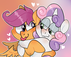 Size: 1280x1024 | Tagged: safe, artist:incubugs, scootaloo, sweetie belle, pegasus, pony, unicorn, g4, :p, blushing, colored background, cute, cutealoo, cutie mark crusaders, diasweetes, female, filly, heart, hug, lesbian, lidded eyes, looking at each other, love, ship:scootabelle, shipping, silly, smiling, tongue out