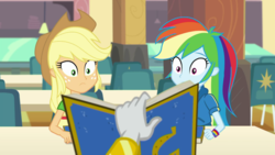 Size: 1280x720 | Tagged: safe, screencap, applejack, rainbow dash, rarity, a queen of clubs, equestria girls, g4, my little pony equestria girls: better together, book, female, shocked expression, surprised face