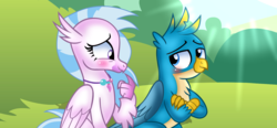 Size: 4157x1921 | Tagged: safe, artist:doraeartdreams-aspy, gallus, silverstream, griffon, hippogriff, g4, blushing, cute, diastreamies, female, gallabetes, jewelry, looking at each other, male, necklace, ship:gallstream, shipping, straight, sun