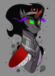 Size: 1355x1874 | Tagged: safe, artist:pinweena30, king sombra, pony, g4, bust, dark magic, evil, evil eyes, gray background, horn, looking at you, magic, male, shadow, simple background, solo, sombra eyes, sombra horn