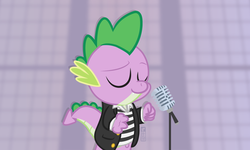 Size: 1000x600 | Tagged: safe, artist:dm29, spike, g4, april fools, clothes, eyes closed, microphone, never gonna give you up, rick astley, rickroll
