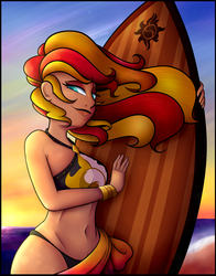 Size: 3300x4200 | Tagged: safe, artist:cosmicchrissy, sunset shimmer, human, g4, beach, belly button, bikini, clothes, cute, female, humanized, midriff, ocean, sand, sarong, sexy, shimmerbetes, solo, summer sunset, surfboard, swimsuit, wavy mouth