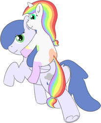 Size: 1800x2180 | Tagged: safe, artist:poniidesu, oc, oc only, oc:paint drops, oc:raincloud drops, pegasus, pony, unicorn, blank flank, blue coat, blue hair, cute, female, filly, flat colors, hair over one eye, hair tie, ponies riding ponies, rainbow hair, riding, simple background, teal eyes, transparent background, trotting, underhoof, white coat