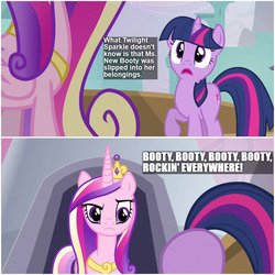 Size: 1000x1000 | Tagged: safe, edit, edited screencap, screencap, princess cadance, queen chrysalis, twilight sparkle, alicorn, pony, unicorn, friendship is witchcraft, a canterlot wedding, g4, ass up, booty booty booty booty rockin' everywhere, bubba sparxxx, butt, butt shake, caption, comic, duo, face down ass up, female, image macro, mare, ms. new booty, plot, song reference, text, twibutt