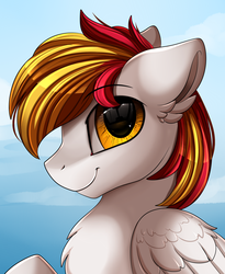 Size: 1446x1764 | Tagged: safe, artist:pridark, oc, oc only, oc:shining sky, pegasus, pony, bust, chest fluff, commission, handsome, male, pegasus oc, portrait, sky, smiling, solo, stallion, wings
