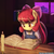 Size: 750x750 | Tagged: safe, artist:lumineko, apple bloom, anthro, g4, adorabloom, book, candle, cute, eyebrows, eyebrows visible through hair, female, fire, overalls, reading, smiling, solo