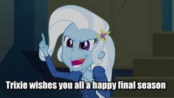 Size: 1440x810 | Tagged: safe, edit, edited screencap, screencap, trixie, equestria girls, g4, g5, my little pony equestria girls: rainbow rocks, caption, female, good end, image macro, in-universe pegasister, inverted mouth, meme, solo, subverted meme, text, text edit, trixie yells at everything
