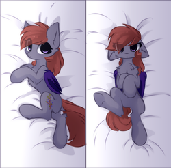 Size: 1038x1022 | Tagged: dead source, safe, artist:php146, oc, oc only, oc:lukida, bat pony, pony, :o, body pillow, body pillow design, chest fluff, cute, dock, ear fluff, eye clipping through hair, featureless crotch, female, floppy ears, fluffy, frown, glare, grumpy, leg fluff, legs in air, looking at you, looking back, looking back at you, madorable, mare, on back, on side, open mouth, solo, underhoof