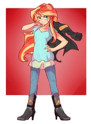 Size: 614x835 | Tagged: safe, artist:keeerooooo1, sunset shimmer, human, equestria girls, g4, abstract background, cute, female, hand on hip, pose, shimmerbetes, solo