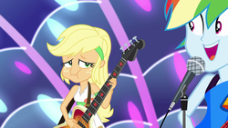 Size: 1920x1080 | Tagged: safe, screencap, applejack, rainbow dash, equestria girls, equestria girls specials, g4, my little pony equestria girls: better together, my little pony equestria girls: spring breakdown, all good (song), bass guitar, female, microphone, musical instrument, puffy cheeks, seasickness, sleeveless