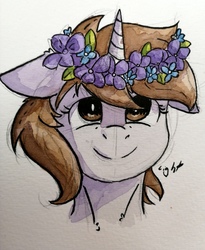 Size: 1805x2206 | Tagged: safe, artist:lightisanasshole, oc, oc only, oc:dorm pony, pony, unicorn, brown eyes, brown mane, bust, floppy ears, floral head wreath, flower, flower in hair, painting, portrait, solo, traditional art, watercolor painting