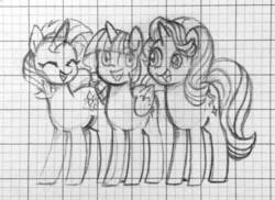 Size: 1280x934 | Tagged: safe, artist:ch-chau, starlight glimmer, sunset shimmer, twilight sparkle, alicorn, pony, unicorn, g4, cute, eye contact, eyes closed, female, glimmerbetes, graph paper, grayscale, happy, line-up, looking at each other, mare, monochrome, open mouth, pencil drawing, shimmerbetes, sketch, standing, traditional art, twiabetes, twilight sparkle (alicorn)