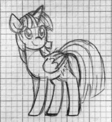 Size: 1280x1391 | Tagged: safe, artist:ch-chau, twilight sparkle, alicorn, pony, aside glance, cute, female, graph paper, grayscale, mare, monochrome, pencil drawing, profile, sketch, smiling, solo, standing, traditional art, twiabetes, twilight sparkle (alicorn)