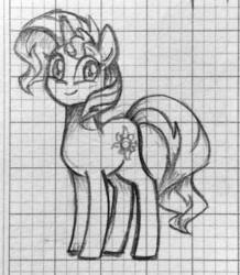 Size: 1280x1466 | Tagged: safe, artist:ch-chau, sunset shimmer, pony, unicorn, g4, cute, female, graph paper, grayscale, looking at you, mare, monochrome, pencil drawing, pose, profile, shimmerbetes, sketch, solo, standing, traditional art