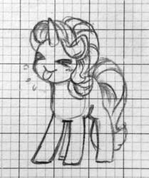 Size: 1280x1532 | Tagged: safe, artist:ch-chau, starlight glimmer, pony, unicorn, g4, :p, c:, cute, eyes closed, female, glimmerbetes, graph paper, grayscale, mare, monochrome, pencil drawing, raspberry, silly, silly pony, sketch, smiling, solo, spittle, standing, tongue out, traditional art