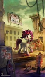 Size: 2658x4500 | Tagged: safe, artist:jedayskayvoker, pinkie pie, oc, earth pony, pony, fallout equestria, g4, billboard, city, cutie mark, fanfic, fanfic art, female, forever, grin, high res, mare, ministry mares, ministry of morale, pinkie being pinkie, pinkie pie is watching you, poster, propaganda, raised hoof, ruins, smiling, solo, text, wasteland