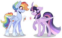 Size: 1024x632 | Tagged: safe, artist:foxysparkle, rainbow dash, twilight sparkle, alicorn, pegasus, pony, g4, alternate design, curved horn, horn, simple background, transparent background, twilight sparkle (alicorn)