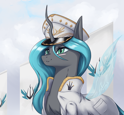 Size: 1950x1814 | Tagged: safe, artist:mrscroup, queen chrysalis, changeling, changeling queen, equestria at war mod, g4, cap, changelings in the comments, clothes, commander, cute, cutealis, female, hat, smiling, solo