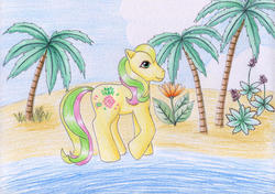 Size: 1280x903 | Tagged: safe, artist:normaleeinsane, tootie tails, pony, g1, beach, cloud, female, flower, ocean, palm tree, solo, traditional art, tree, tropical ponies, water