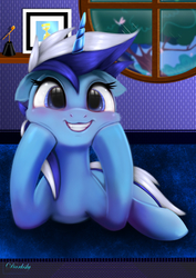 Size: 4250x6000 | Tagged: safe, artist:darksly, minuette, pony, unicorn, g4, cute, female, grin, lying, mare, minubetes, shiny, shiny teeth, smiling, solo, squishy cheeks, toothbrush