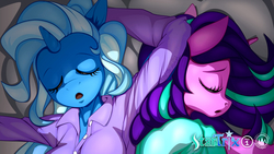 Size: 1920x1080 | Tagged: safe, artist:mysticalpha, starlight glimmer, trixie, unicorn, anthro, g4, bed, clothes, cute, diatrixes, eyes closed, female, glimmerbetes, lesbian, mare, open mouth, pillow, ship:startrix, shipping, sleeping
