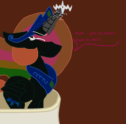 Size: 901x886 | Tagged: safe, artist:dazzlingmimi, princess celestia, alicorn, pony, tumblr:the sun has inverted, g4, angry, balcony, betrayed, blue sun, canterlot, canterlot castle, civil war, color change, corrupted, corrupted celestia, darkened coat, divided equestria, eyes closed, female, glowing horn, horn, insanity, invert princess celestia, inverted, inverted colors, inverted princess celestia, possessed, rainbow hair, sidemouth, solo, speech bubble, tumblr, word bubble
