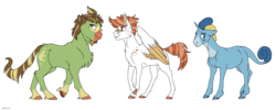 Size: 5000x2000 | Tagged: safe, artist:shimazun, oc, oc only, earth pony, grookey, pegasus, pony, scorbunny, sobble, unicorn, bandaid, bucktooth, chest fluff, coat markings, colored hooves, female, male, mare, pokemon sword and shield, pokémon, ponified, ponymon, realistic horse legs, simple background, socks (coat markings), stallion, transparent background, trio