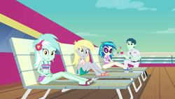 Size: 1920x1080 | Tagged: safe, screencap, beau tide, derpy hooves, dj pon-3, lyra heartstrings, vinyl scratch, equestria girls, equestria girls specials, g4, my little pony equestria girls: better together, my little pony equestria girls: spring breakdown, background human, belly button, bikini, clothes, cruise ship staff, female, male, midriff, swimsuit