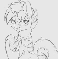 Size: 922x947 | Tagged: safe, artist:tre, sweetie belle, pony, unicorn, g4, clothes, female, grayscale, lidded eyes, looking at you, monochrome, open mouth, show stopper outfits, simple background, smiling, solo, stripes