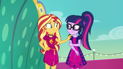Size: 1920x1080 | Tagged: safe, screencap, sci-twi, sunset shimmer, twilight sparkle, equestria girls, equestria girls specials, g4, my little pony equestria girls: better together, my little pony equestria girls: spring breakdown, best friends, clothes, dress, geode of telekinesis, glasses, hand on shoulder, magical geodes, shipping fuel, smiling