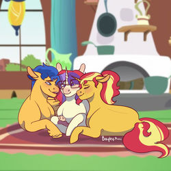 Size: 1024x1024 | Tagged: safe, artist:consistingg, flash sentry, moondancer, sunset shimmer, oc, oc:dream catcher, pony, g4, baby, baby pony, bisexual, female, lesbian, male, mare, offspring, parent:flash sentry, parent:moondancer, parent:sunset shimmer, parents:flashdancer, polyamory, ship:flashdancer, ship:flashimmer, ship:moonset, shipping, stallion, straight