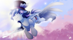 Size: 4500x2480 | Tagged: safe, artist:dormin-dim, oc, oc only, pegasus, pony, commission, flying, hat, male, smiling, smirk, solo, top hat
