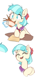 Size: 410x823 | Tagged: safe, artist:luciferamon, coco pommel, earth pony, pony, g4, blushing, bust, clothes, cocobetes, coffee, cup, cute, drinking, eyes closed, female, flower, flower in hair, happy, hooves together, leaning, levitation, magic, mare, mug, necktie, open mouth, paper, simple background, sketch, smiling, solo, spit take, spitting, surprised, table, tail, teacup, telekinesis, white background, wide eyes
