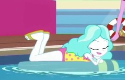 Size: 372x240 | Tagged: safe, screencap, baewatch, paisley, equestria girls, equestria girls series, g4, spring breakdown, spoiler:eqg series (season 2), background human, clothes, cropped, eyes closed, feet, female, legs, one-piece swimsuit, sandals, swimsuit